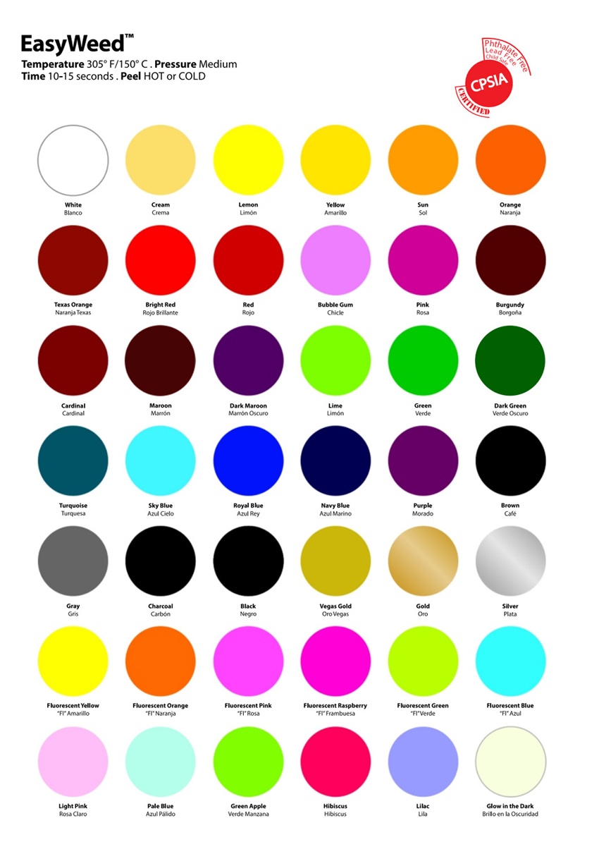 Siser Easyweed color chart